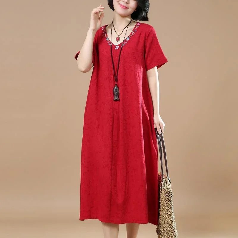 stylish red  linen maxi dress plussize v neck linen maxi dress Elegant jacquard linen caftans