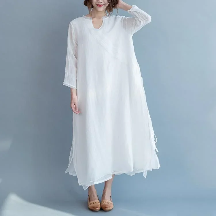 stylish white cotton linen dress plus size v neck tie waist gown women long sleeve patchwork cotton linen dresses