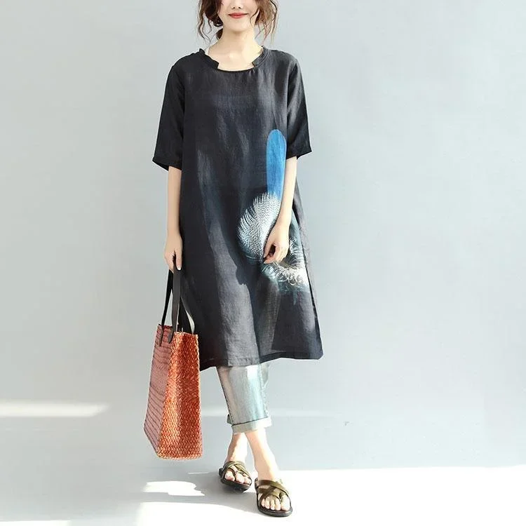 summer black prints casual linen sundress baggy loose stylish mid dresses short sleeve dress