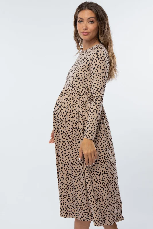 taupe-abstract-animal-print-maternity-midi-dress