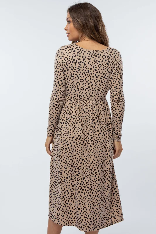 taupe-abstract-animal-print-maternity-midi-dress