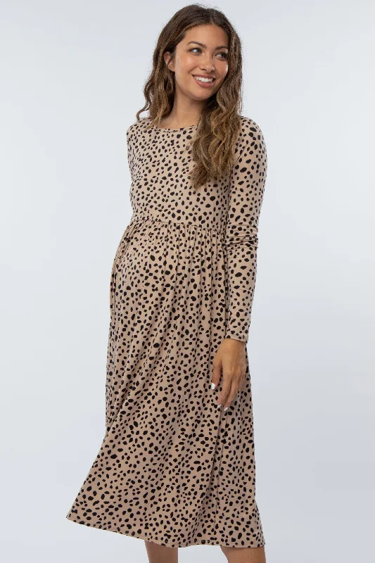 taupe-abstract-animal-print-maternity-midi-dress