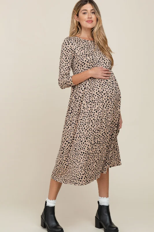 taupe-abstract-animal-print-maternity-midi-dress