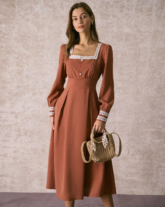 The Brown Square Neck Lace Trim Midi Dress