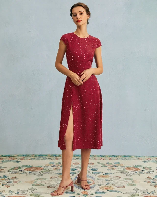 The Red Round Neck Polka Dot Cutout Midi Dress