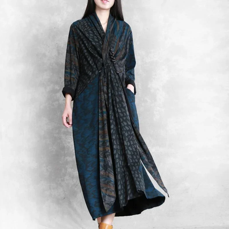 Vivid v neck asymmetric pockets cotton clothes blue print Maxi Dresses fall