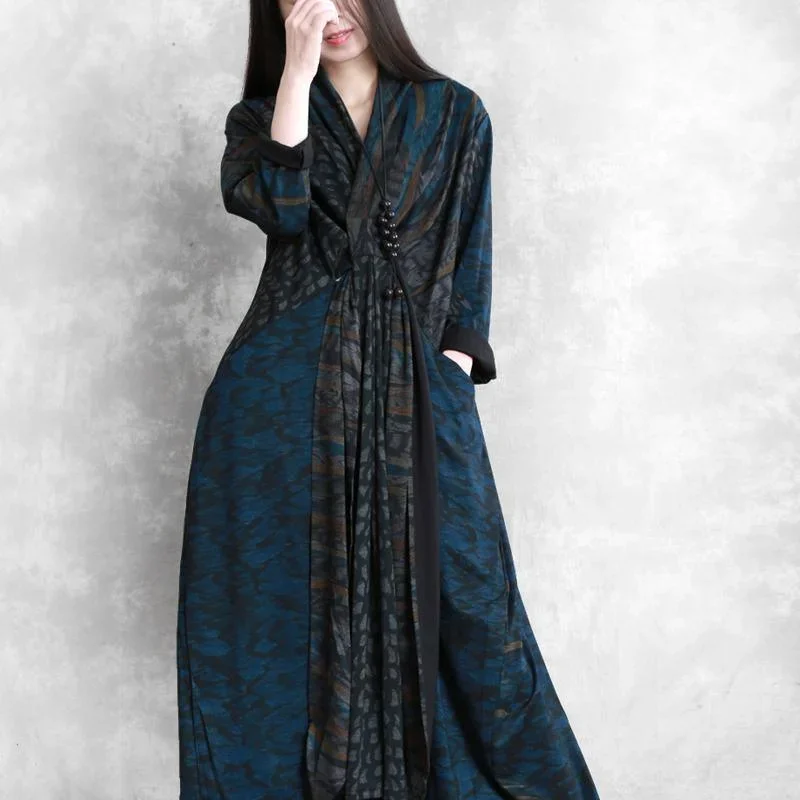 vivid-v-neck-asymmetric-pockets-cotton-clothes-blue-print-maxi-dresses-fall