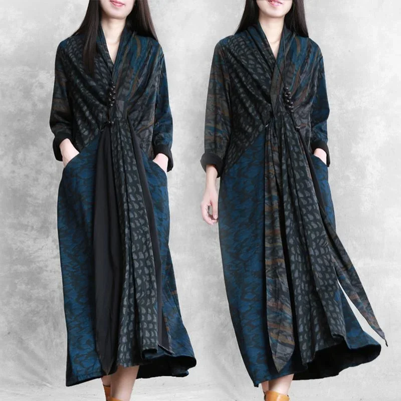 vivid-v-neck-asymmetric-pockets-cotton-clothes-blue-print-maxi-dresses-fall