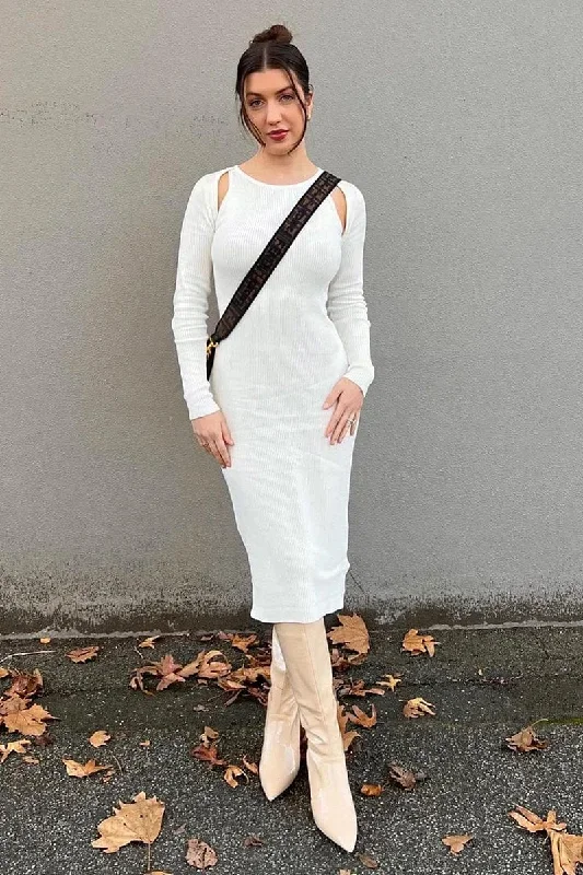 White Midi Dress Long Sleeve  Keyhole Bodycon Rib Knit