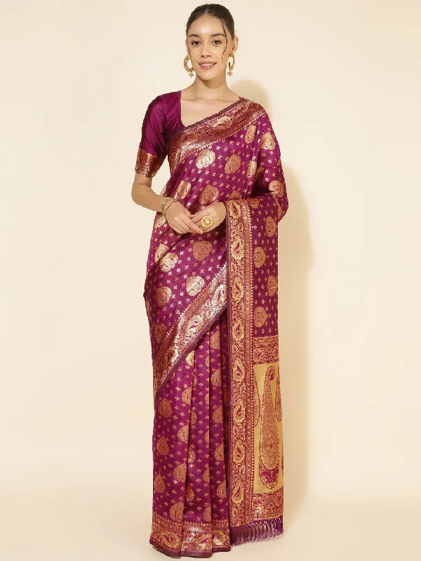 Wine Banarasi Silk Woven Ethnic Motifs Saree with Unstitched Blouse Piece