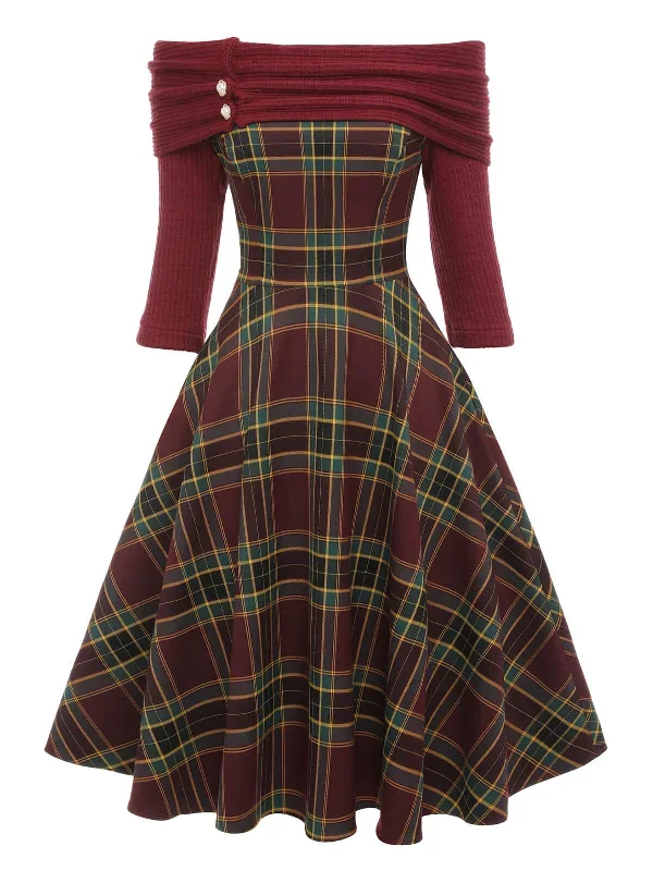 wine-red-1950s-plaids-off-shoulder-dress