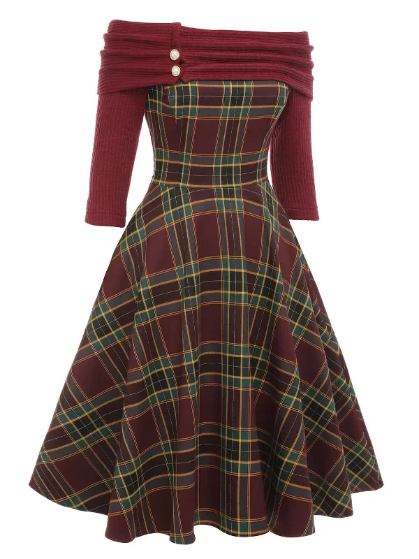 wine-red-1950s-plaids-off-shoulder-dress