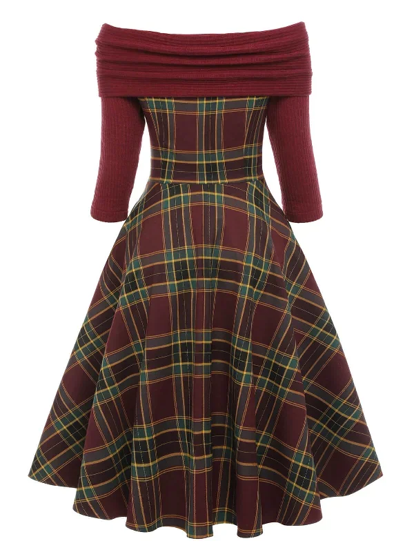 wine-red-1950s-plaids-off-shoulder-dress