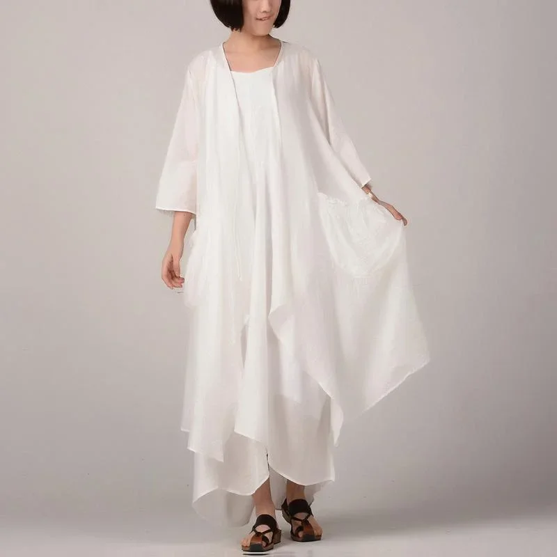 women white cotton dresses plussize asymmetric cardigan women sleeveless kaftans two pieces