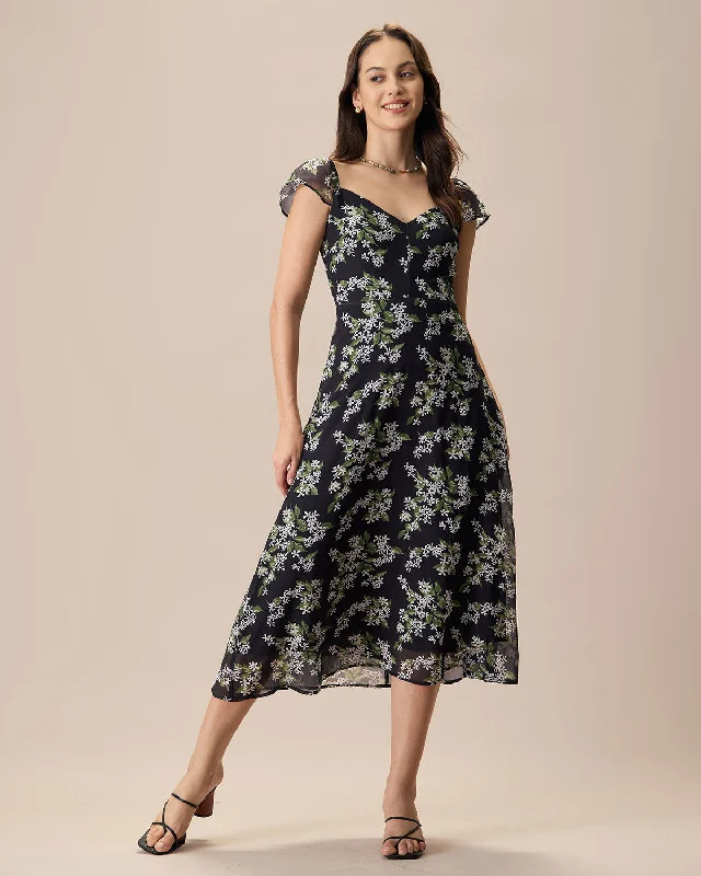 Women's Black Floral Shirred Midi Dress