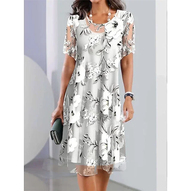 CityHottie - Women's Casual Dress Chiffon Dress Summer Dress Floral Print Crew Neck Midi Dress Fashion Streetwear Outdoor Daily Short Sleeve Regular Fit Gray Summer Spring S M L XL XXL