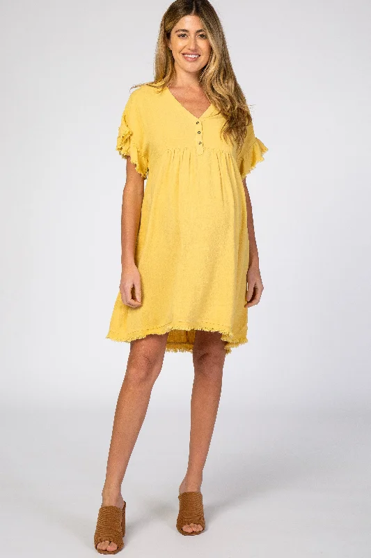 Yellow Linen Fringe Trim Babydoll Maternity Dress