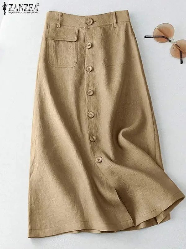 ZANZEA Cotton Temperament Midi Skirts Button Up Casual High Waist Elegant A-line Skirts Solid 2024 Summer Women Faldas Mujer